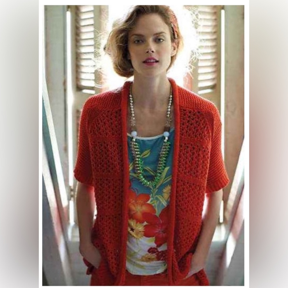 Anthropologie Guinevere Crochet Open Front Long Cardigan Orange Size Medium